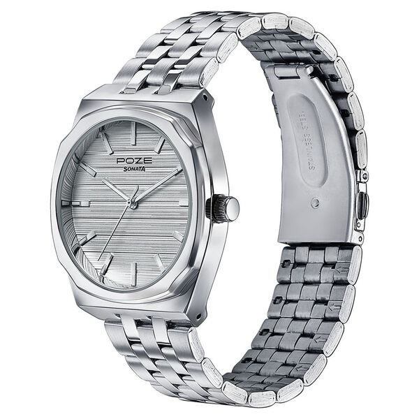 Sonata Poze Quartz Analog White Dial Silver Colour Stainless Steel Strap Watch For Men - image number 4