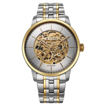 Titan Golden Heart Skeletal Automatic Analog with Silver Dial Dual-Tone Stainless Steel Strap Watch for Men
