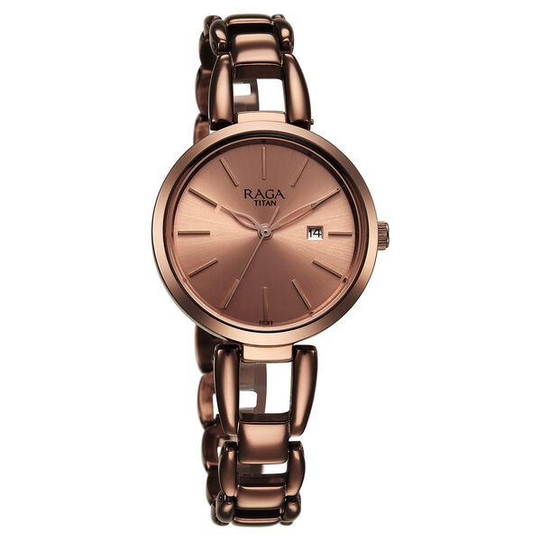 Titan Raga Viva Quartz Analog with Date Rose Gold Dial Brown Metal Strap Watch for Women - image number 1