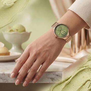 Fastrack Gelato champagne multifunction metal strap watch with Matcha green dial for Girls