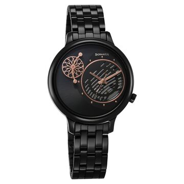 Sonata Unveil Quartz Multifunction Quartz Analog Black Dial Metal Strap Watch for Women