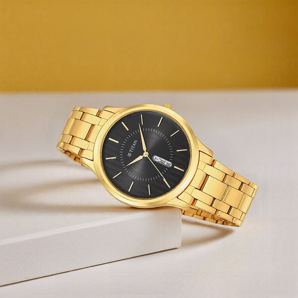 Titan Karishma Quartz Analog with Day and Date Black Dial Golden Stainless Steel Strap Watch For Men - image number 0