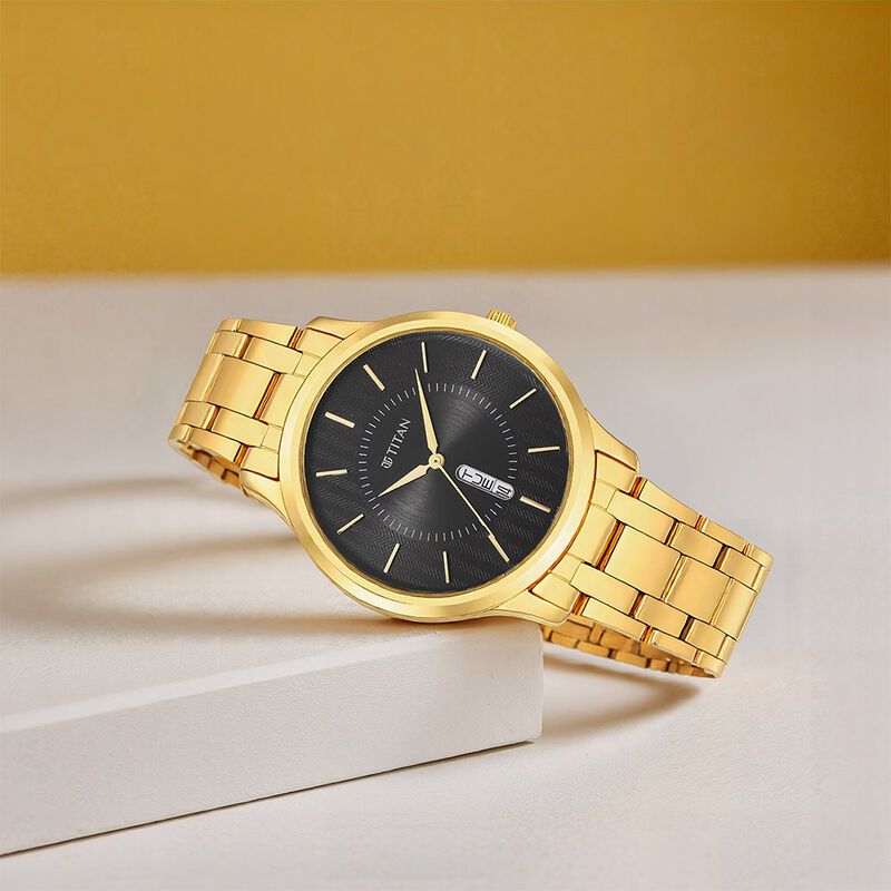Titan Karishma Quartz Analog with Day and Date Black Dial Golden Stainless Steel Strap Watch For Men