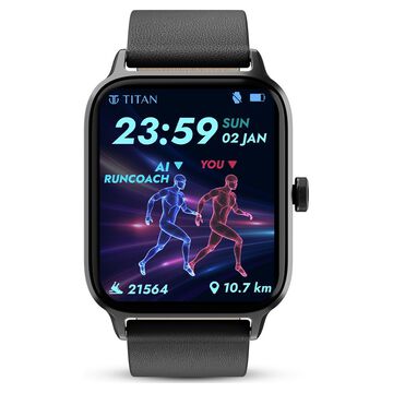 Titan Traveller with 4.52 cm AMOLED Display, BT Calling, India's First FitVerse Smartwatch with Black Leather Strap