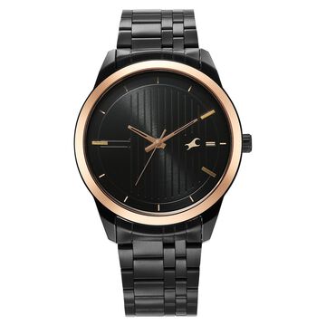 Fastrack Stunners Quartz Analog Black Dial Black Stainless Steel Strap Watch For Guys