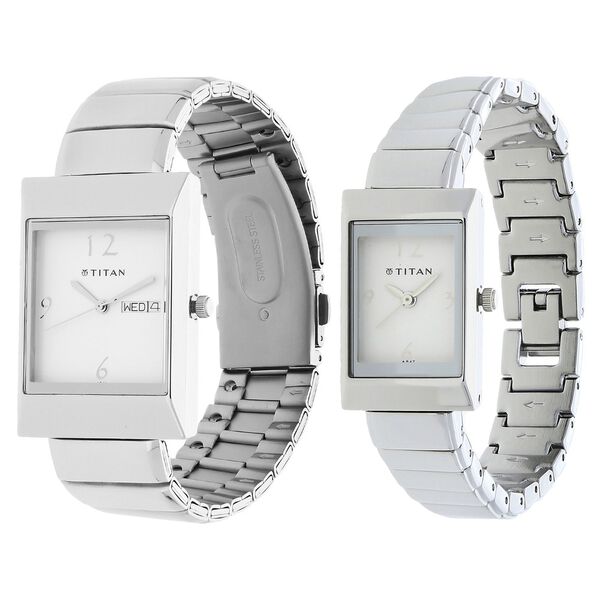 Titan Quartz Analog with Day and Date White Dial Stainless Steel Strap Watch for Couple - image number 1