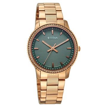 Titan Purple Sports Fashion Quartz Analog Green Dial Rose Gold Stainless Steel Strap Watch For Women