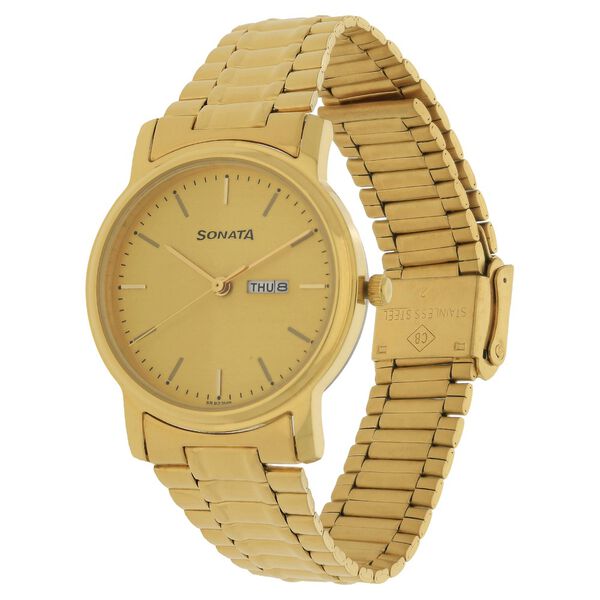 Sonata Quartz Analog with Day and Date Champagne Dial Stainless Steel Strap Watch for Men - image number 1