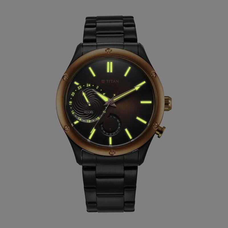 Titan Stellar Multifunction Brown Dial Black Stainless Steel Strap Watch For Men