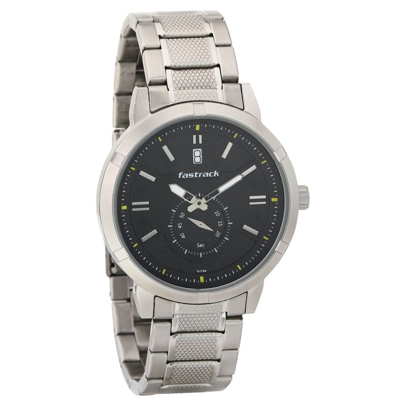 Fastrack Go Skate Quartz Analog with Day and Date Black Dial Stainless Steel Strap Watch for Guys