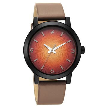 Fastrack Stunners Quartz Analog Orange Dial Leather Strap Watch for Guys