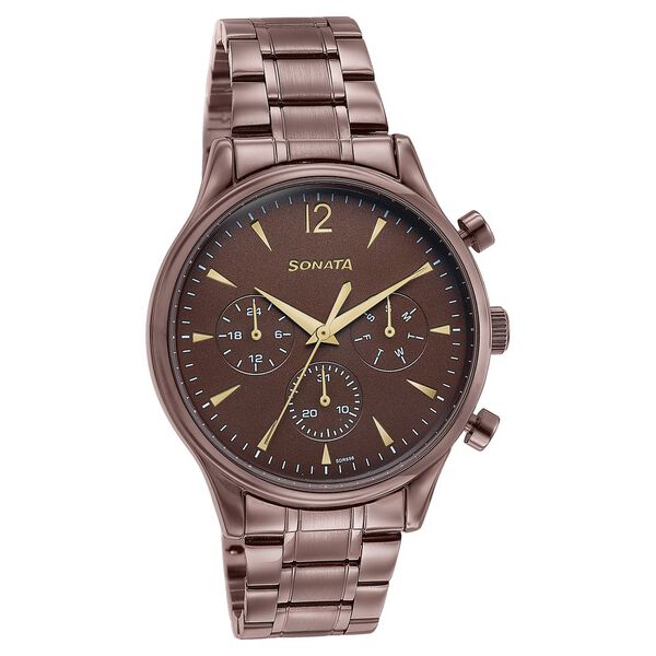 Sonata Wedding Edit Quartz Multifunction Brown Dial Stainless Steel Strap Watch For Men - image number 2