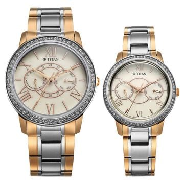 Titan Royal Bandhan Quartz Analog with Day and Date Pink Dial Two Toned Strap Watch For Couple