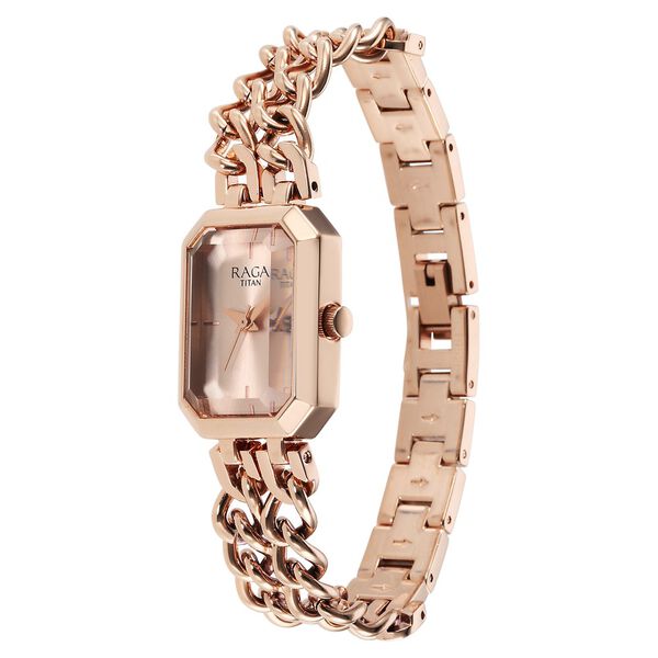 Titan Raga Showstopper Quartz Analog Rose Gold Dial Rose Gold Metal Strap Rectangular Shaped Watch For Women - image number 2