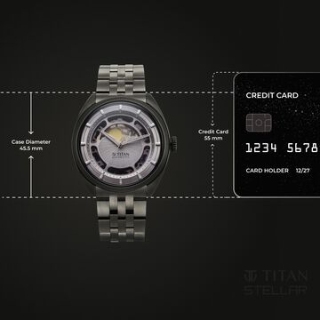 Titan Stellar Cupola Automatic Analog with Sun Moon Phase and Silver Dial Dark Gun Stainless Steel Strap Watch for Men