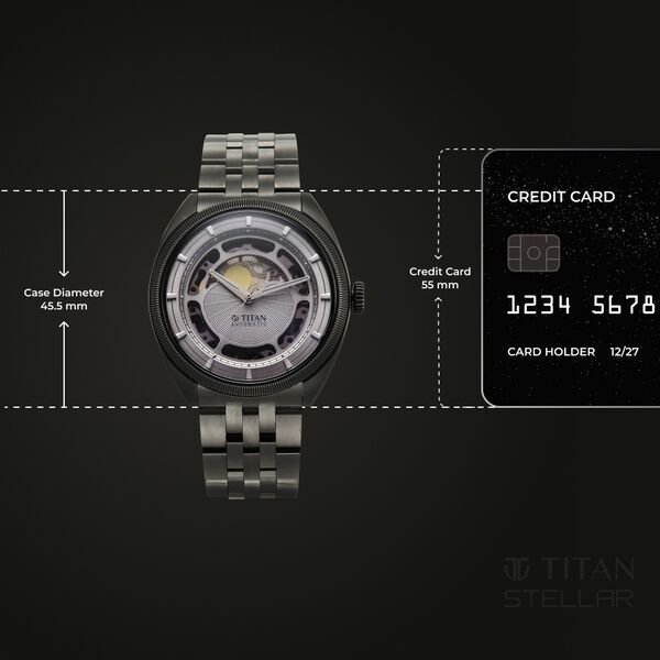 Titan Stellar Cupola Automatic Analog with Sun Moon Phase and Silver Dial Dark Gun Stainless Steel Strap Watch for Men - image number 3