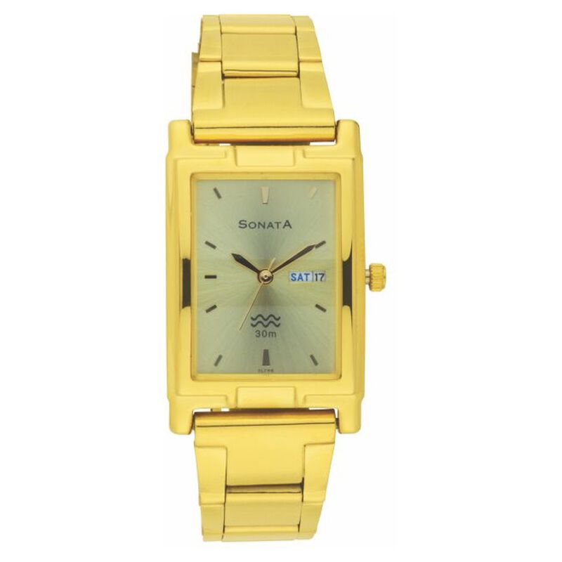 Sonata Quartz Analog with Day and Date Champagne Dial Stainless Steel Strap Watch for Men