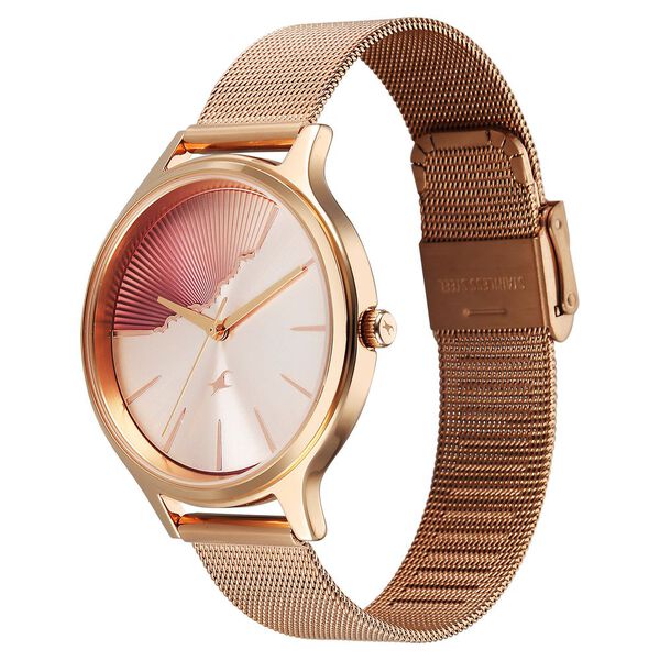 Fastrack Style Up Quartz Analog Pink Dial Rose Gold Colour Stainless Steel Strap Watch For Girls - image number 2