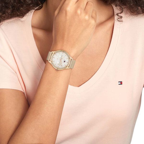 Tommy Hilfiger Multifunction Grey Round Dial Golden Stainless Steel Strap Watch For Women - image number 3