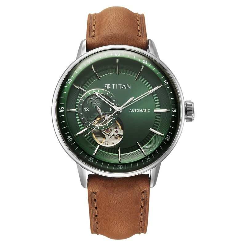 Titan Orbital Open Heart Automatic Analog with Green Dial Brown Leather Strap Watch for Men