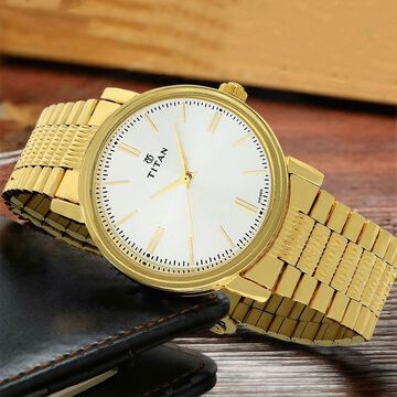 Titan Quartz Analog Silver Dial Golden Stainless Steel Strap Watch For Men