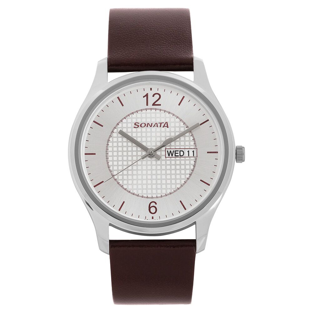 Buy Online Sonata Quartz Analog Silver Dial Leather Strap Watch