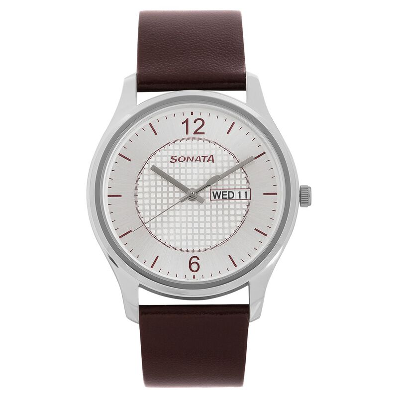 Sonata Quartz Analog with Day and Date Silver Dial Leather Strap Watch for Men