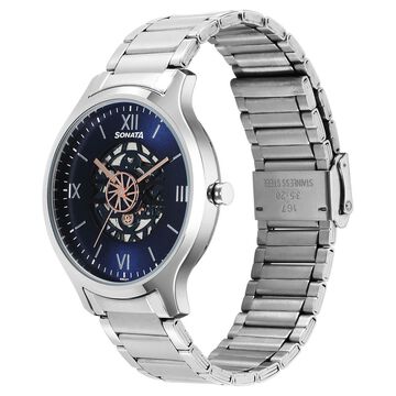 Sonata Unveil Quartz Multifunction Blue Dial Stainless Steel Strap Watch for Men