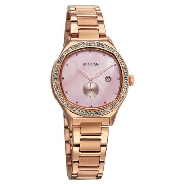 Titan Purple Glamour Quartz Analog with Date Mother Of Pearl Dial Rose Gold Stainless Steel Strap Watch For Women