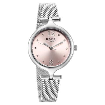 Titan Raga Showstopper Quartz Analog Pink Dial Silver Metal Strap Watch For Women