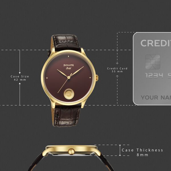 Sonata Gold Quartz Analog Regal Maroon With Gold Coin Dial Brown Leather Strap Watch For Men - image number 3