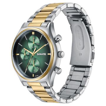 Sonata Festive Quartz Multifunction Green Dial Two Toned Metal Strap Watch For Men