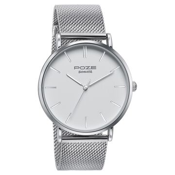 Sonata Poze Quartz Analog White Dial Silver Metal Strap Watch For Men