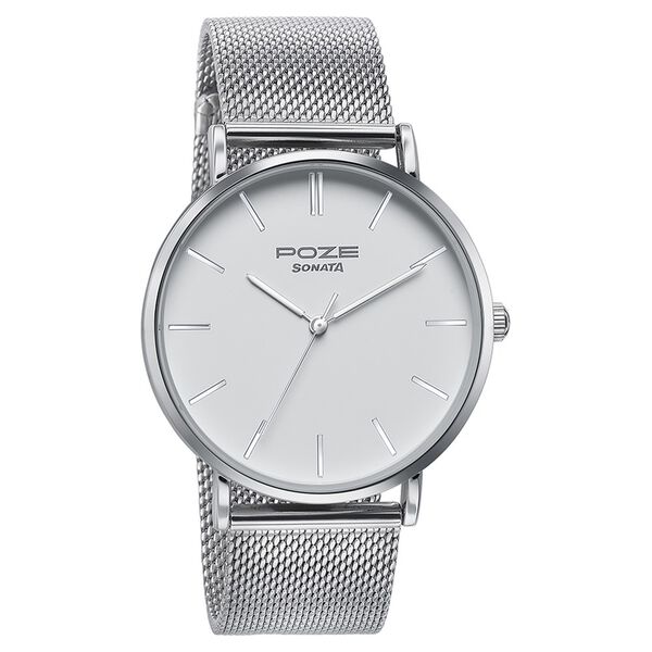 Sonata Poze Quartz Analog White Dial Silver Metal Strap Watch For Men - image number 2
