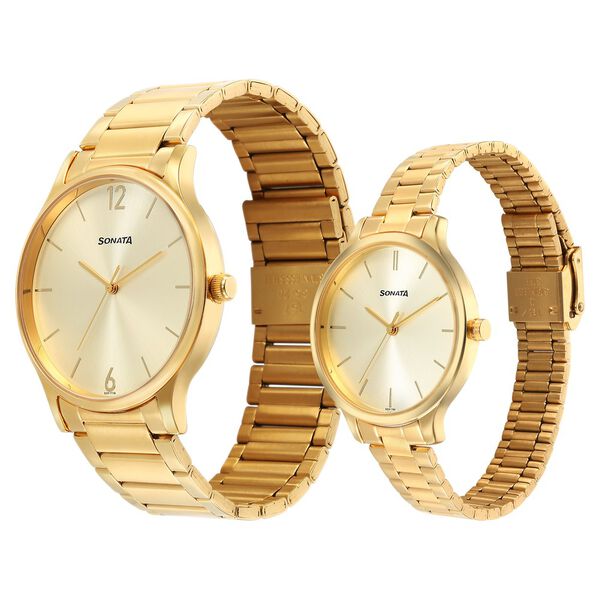 Sonata Pair Quartz Analog Champagne Dial Stainless Steel Strap Watch for Couple - image number 1