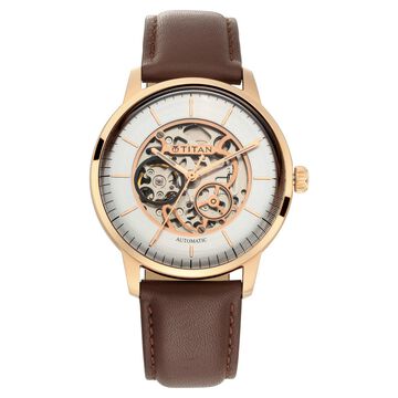 Titan Automatic Silver Dial Brown Leather Strap Watch for Men