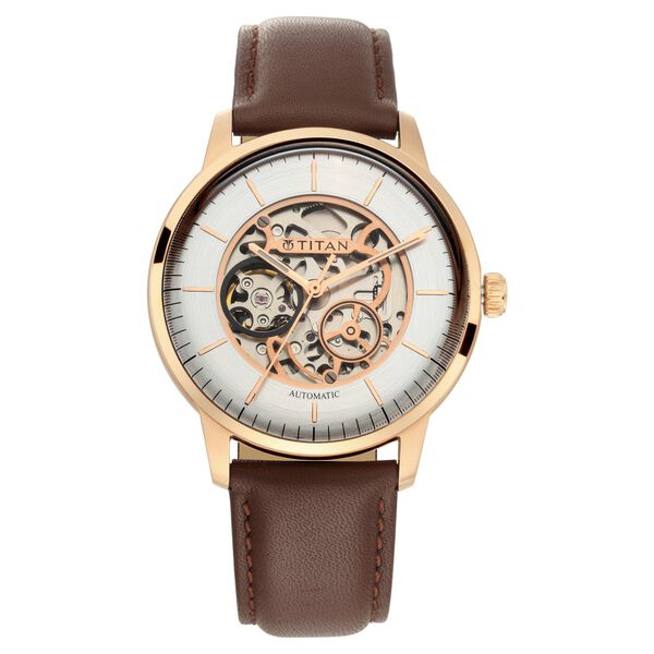 Titan Automatic Silver Dial Brown Leather Strap Watch for Men - image number 2