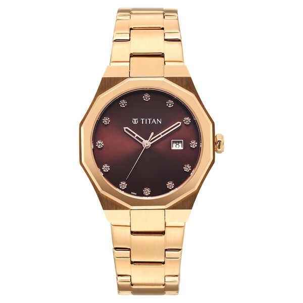 Titan  Purple Time Deluxe Quartz Analog Brown Dial Rose Gold Metal Strap Watch For Women - image number 0