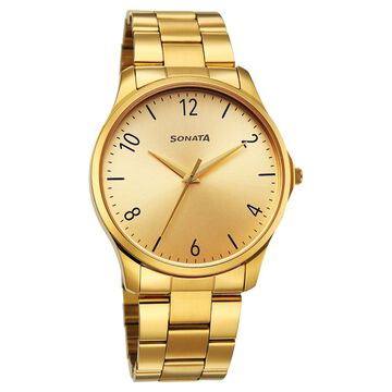 Sonata Traditional Essentials Quartz Analog Champagne Dial Golden Metal Strap Watch For Men