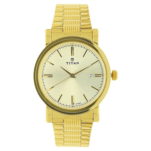Titan Quartz Analog with Date Champagne Dial Golden Stainless Steel Strap Watch For Men - image number 0