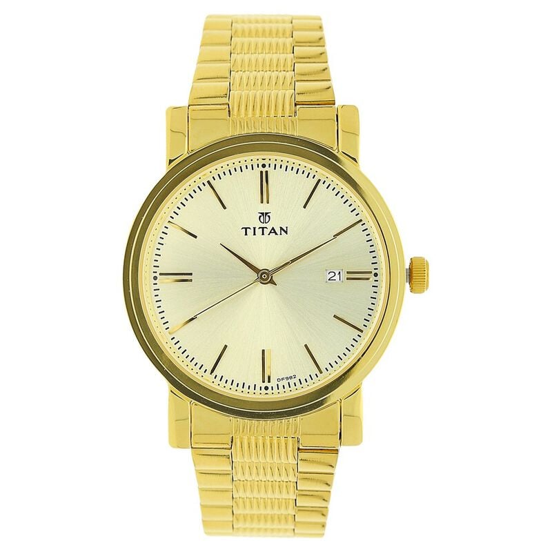 Titan Quartz Analog with Date Champagne Dial Golden Stainless Steel Strap Watch For Men