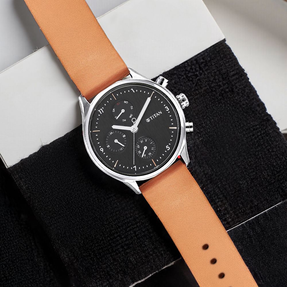 Buy Online Titan Neo Black Dial Quartz Multifunction Leather Strap