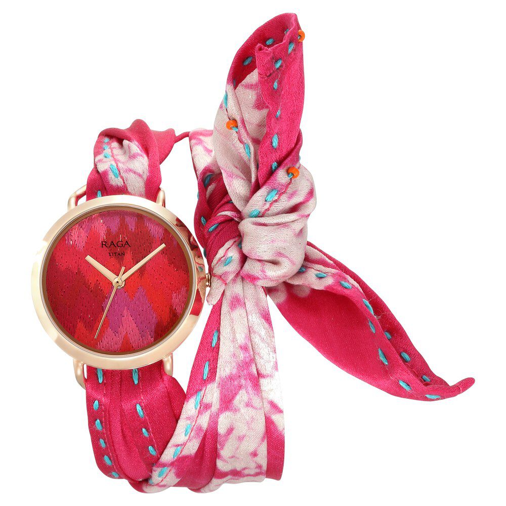 Buy Online Titan Raga Twirl Pink Dial Analog Silk Strap watch for Women 95080wf01 Titan