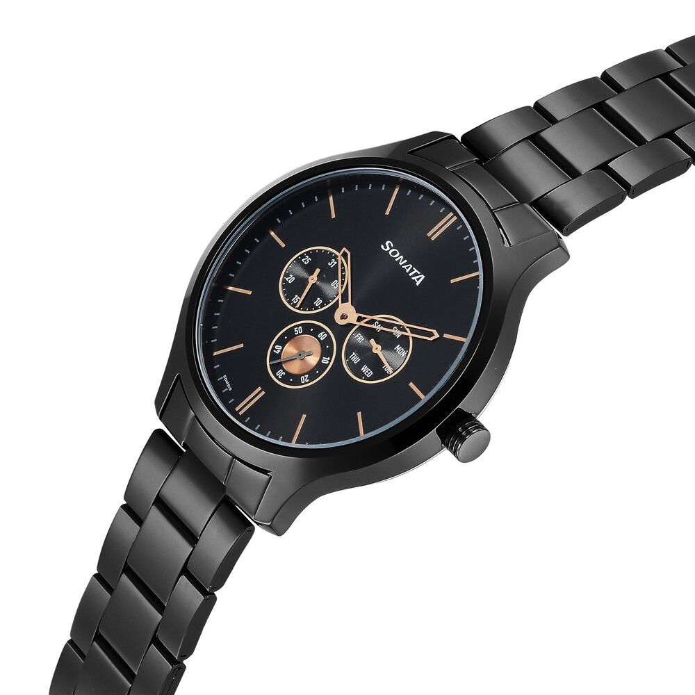 Buy Online Sonata Quartz Multifunction Black Dial Stainless Steel