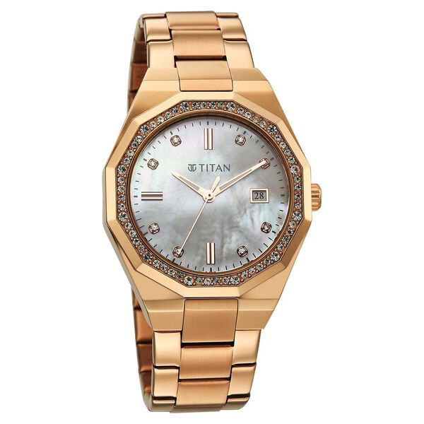 Titan Glamour Quartz Analog with Date Mother Of Pearl Dial Rose Gold Stainless Steel Strap Watch For Women - image number 1
