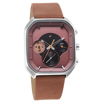 Fastrack After Dark Quartz Analog with Day and Date Brown Dial Leather Strap Watch for Guys