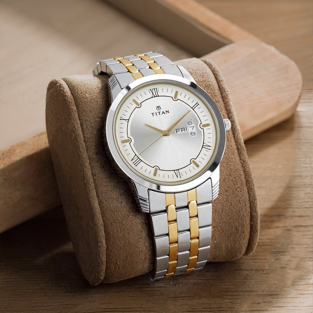 Titan Metal Silver Analog with Day and Date Stainless Steel Strap Watch for Men