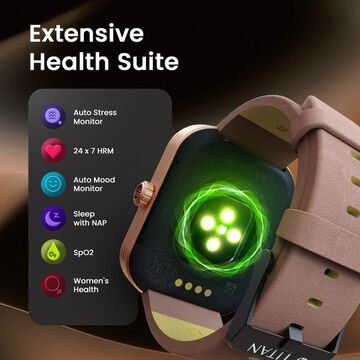 Titan Mirage with 4.97 cm AMOLED Display and AOD, Functional Crown, BT Calling Smartwatch with Black Leather Strap