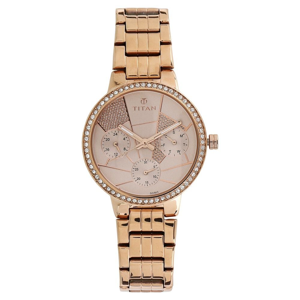 Buy Online Titan Whimsy Rose Gold Dial Quartz Multifunction Stainless Steel Strap Watch for Women ns95058wm02 Titan