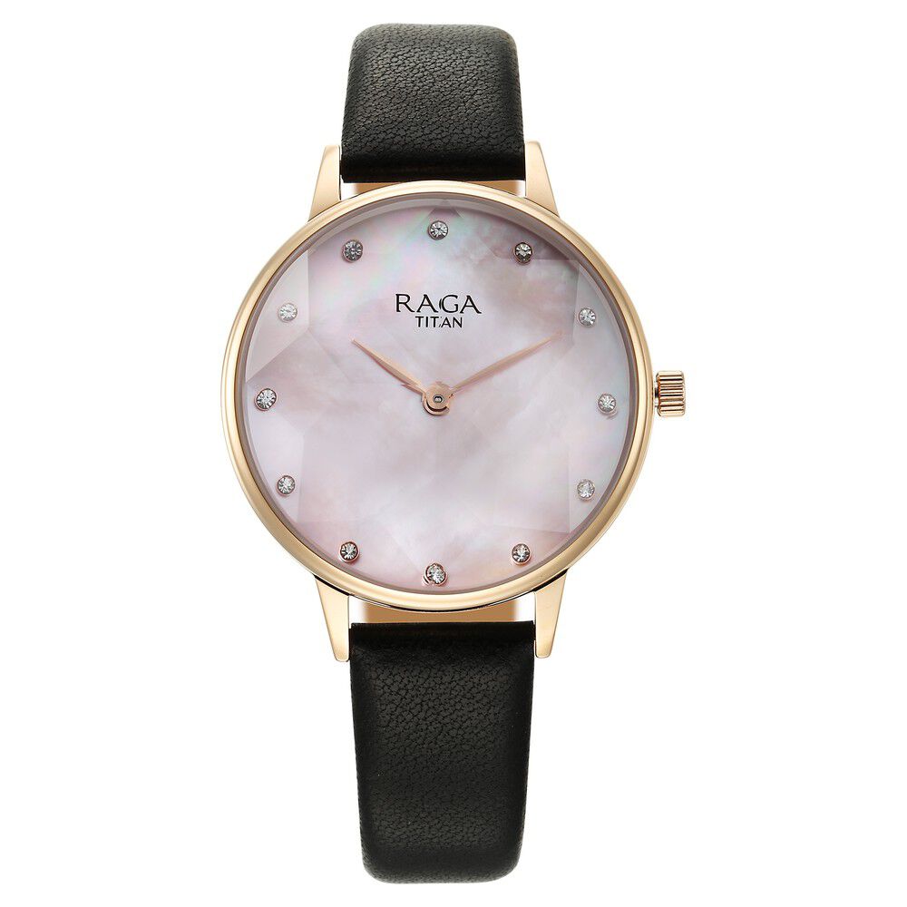 Buy Online Titan Raga Showstopper Quartz Analog Mother Of Pearl Dial Leather Strap Watch for Women 95274wl01 p Titan